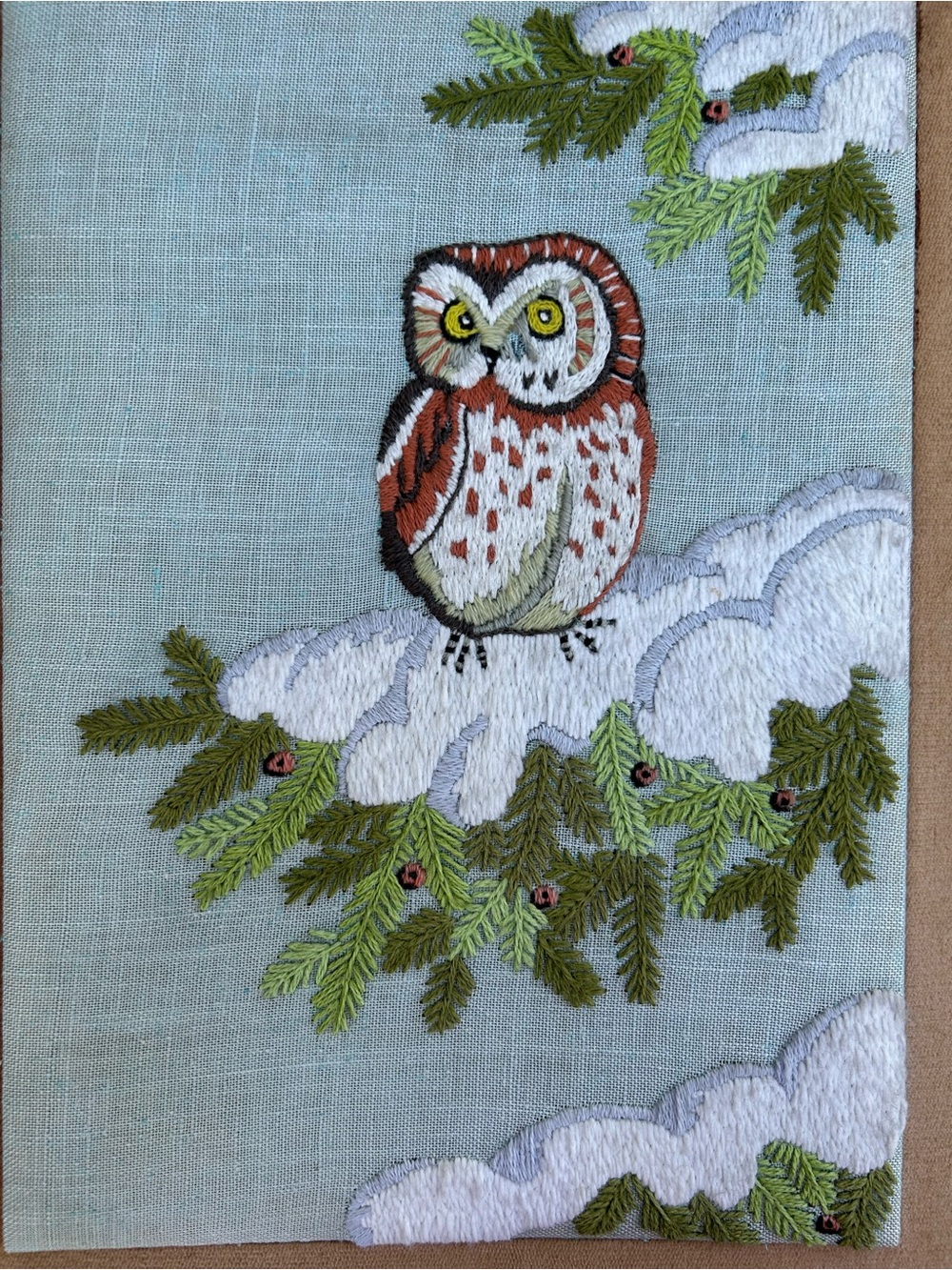 Vintage Art Crewel Owl Framed Embroidery Handmade Winter Cottagecore 18.5x23.5 - Picture 8 of 13